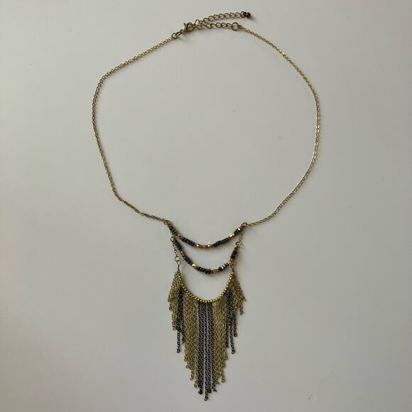 Fringe chain beaded statement necklace gold and gunmetal, boho chic indie - Picture 1 of 4